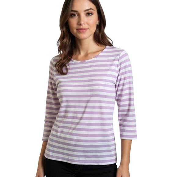 Talbots 3/4 Sleeve Top Women's Size L Lavender White Striped Stretch Knit Tee - Picture 3 of 13